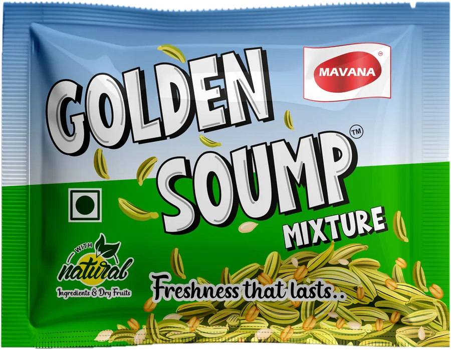Golden Soump Mixture green pack, a saunf mukhwas mouth freshener in ₹1 pouches