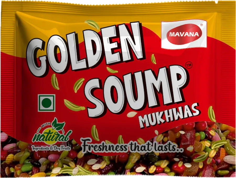 Golden Soump Mukhwas red pack, a tutti frutti and saunf mouth freshener in ₹1 pouches